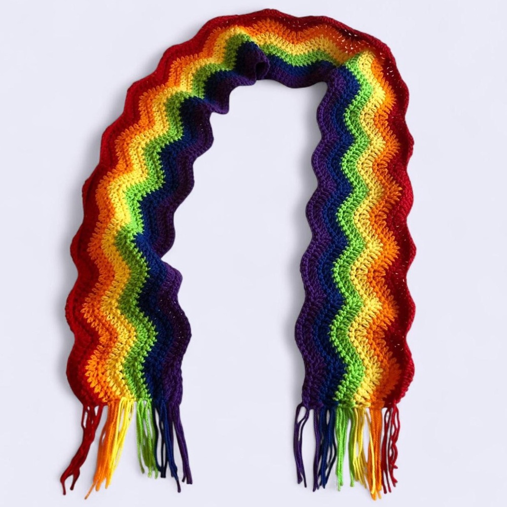 crochet rainbow wavy scarf with tassel fringe